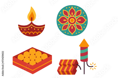 Diwali festival celebration elements with traditional lamp, sweets, rangoli, and firecrackers