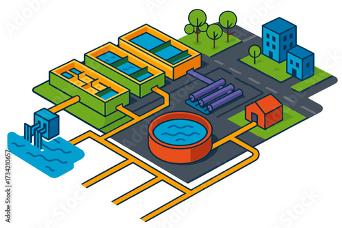 Isometric diagram illustrating the multi-stage process of water purification and distribution for urban consumption, showing the flow from source to city