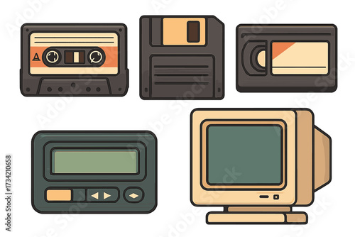 Vintage electronic devices and retro technology from the 1980s and 1990s era, featuring classic gadgets and obsolete tech for a nostalgic look back