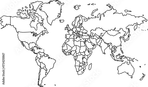 Clean detailed vector outline map of the World displaying all country borders with a minimalist aesthetic. Perfect for data visualization.

