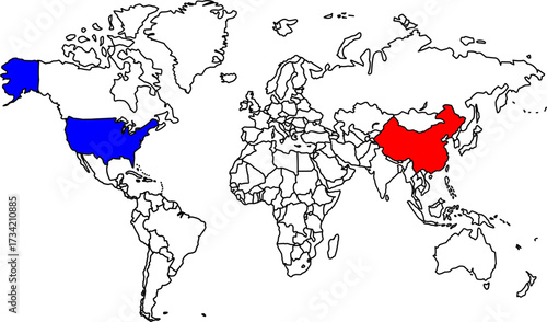 Detailed vector map of the World highlighting China and the USA, two global superpowers and major economic and geopolitical players.

