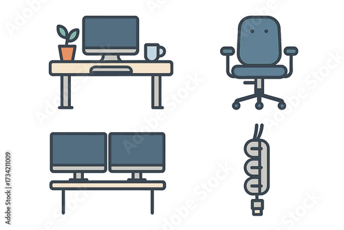 Modern office workspace elements featuring desk, computer monitors, ergonomic chair, green plant, coffee mug, and coiled cable