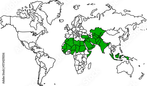 Detailed vector map of the World highlighting countries where Islam is the largest religion by population, spanning three continents.

