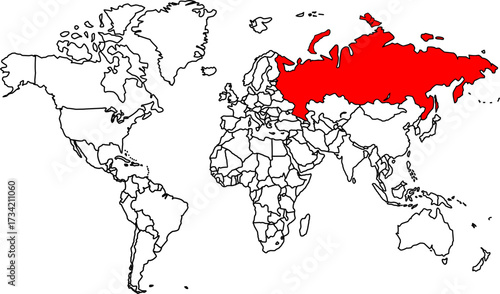 Detailed vector map of the World highlighting Russia, the largest country by land area, spanning the continents of Europe and Asia.

