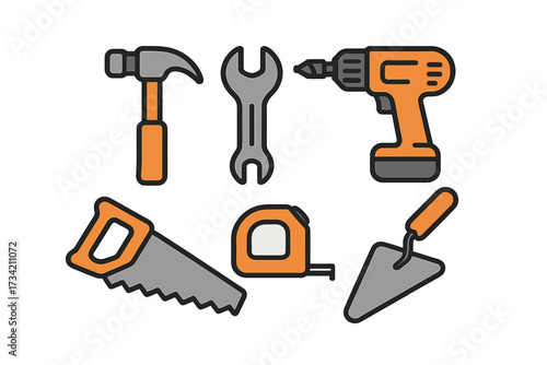 Construction and home repair tools set featuring hammer, wrench, drill, saw, tape measure, and trowel