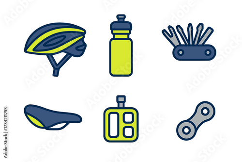 Cycling accessories collection with helmet, water bottle, multi-tool, saddle, bike computer, and chain link
