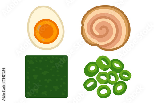 Japanese ramen ingredients set including soft boiled egg chashu pork nori seaweed and fresh green onions