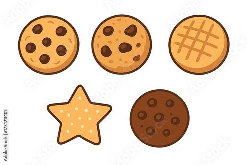 Collection of various sweet baked cookies including chocolate chip, star-shaped, and patterned biscuits for dessert