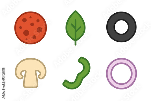 Assortment of fresh pizza toppings and healthy ingredients including pepperoni, mushrooms, olives, spinach, and bell pepper