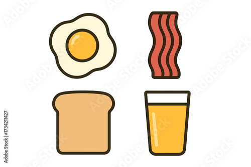 Classic breakfast items including a fried egg, crispy bacon, a slice of toast, and a glass of orange juice for a morning meal