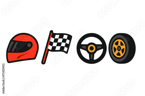 Collection of racing elements including helmet, checkered flag, steering wheel, and car tire for motorsport design and automotive themes