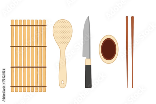 Essential traditional Japanese sushi making tools and Asian cuisine utensils set including rolling mat, rice paddle, chef knife, soy sauce, and chopsticks
