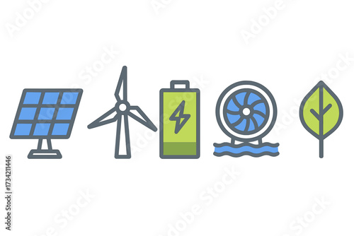 Diverse collection of renewable energy sources and environmental sustainability symbols for clean power