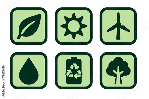 Modern collection of ecological and renewable energy symbols for environmental sustainability and conservation concepts