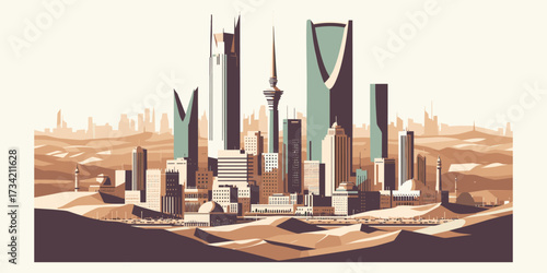 Stylized illustration of the modern Saudi Arabian skyline with iconic skyscrapers and cityscape