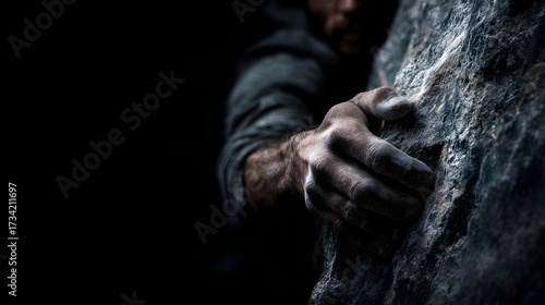 A climber s hand dusted with chalk firmly grips a rugged rock surface during an intense vertical ascent showcasing strength and focus