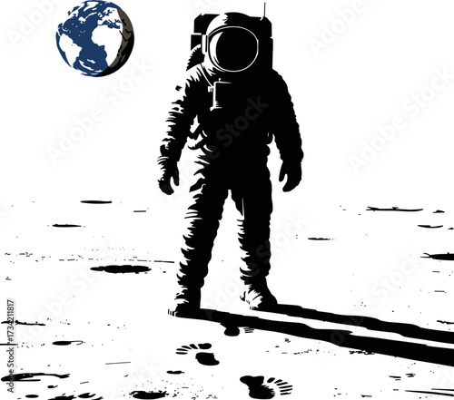 Astronaut Standing on Lunar Surface with Earth in the Distance a Striking Silhouette Against a Bright Sky Creating a Sense of Isolation and Wonder