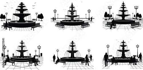 Urban park fountain illustrations, black and white public space scenes, tiered water features, benches, trees, people