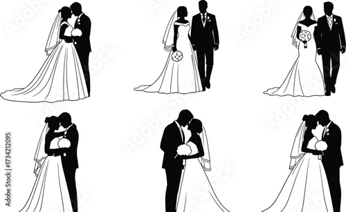 Wedding couple silhouette, romantic pose, bride and groom, kiss, embrace, love, ceremony, vector art, black and white, illustration