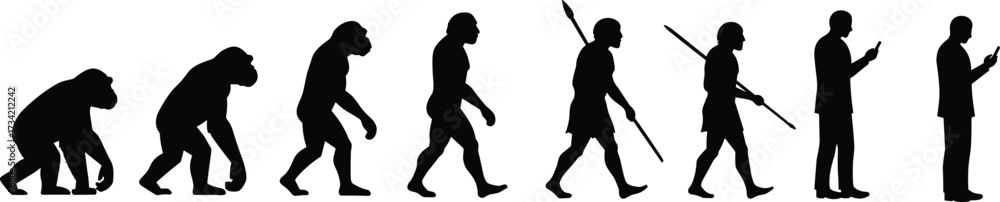 Obraz premium Human evolution silhouette sequence from ape to modern man using smartphone — black vector illustration for science, education, tech, and design projects