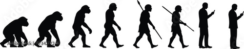 Human evolution silhouette sequence from ape to modern man using smartphone — black vector illustration for science, education, tech, and design projects