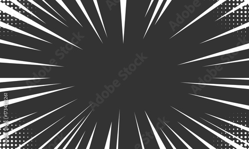 Black and white comic style explosion background with speed lines and halftone dots, perfect for dynamic pop art, manga design, retro action themes, posters, or creative graphic projects.