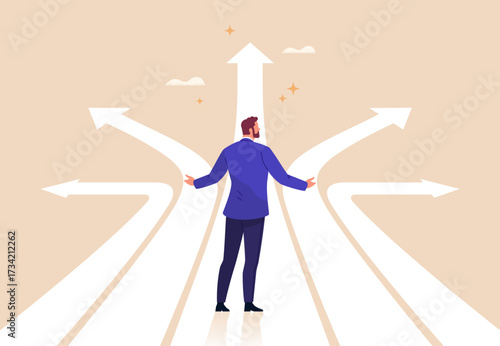 Business Decision Path Concept. Vector cartoon illustration of a businessman standing at a crossroads with multiple arrows, considering different directions and choosing the best way toward success.