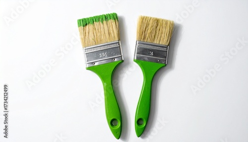 Wallpaper Mural Two green-handled paintbrushes with natural bristles and metal ferrules—evoking utility, contrast, and the tactile choreography of craft, choice, and manual precision. Torontodigital.ca
