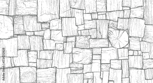detailed sketch of irregularly shaped wood planks with visible grain and texture.