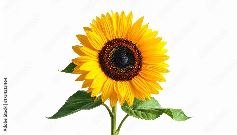 Obraz premium Single sunflower with bright yellow petals and green leaves on white background—evoking joy, symmetry, and the radiant choreography of nature, summer, and optimism.