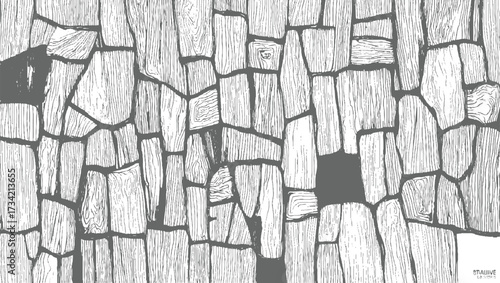 detailed monochrome illustration of a rustic wood plank texture with visible grain and irregular shapes.