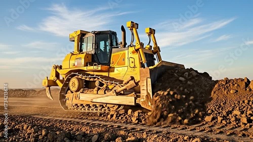 A powerful yellow bulldozer is actively engaged in pushing a large mound of dirt and rocks on a construction site under a clear blue sky.