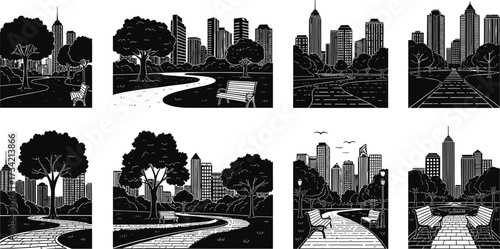 Urban park illustrations, black and white city scenes, walking paths, benches, trees, skyscrapers, public space graphics