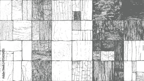 monochrome illustration of various textured patterns resembling wood grain and cracked stone blocks.