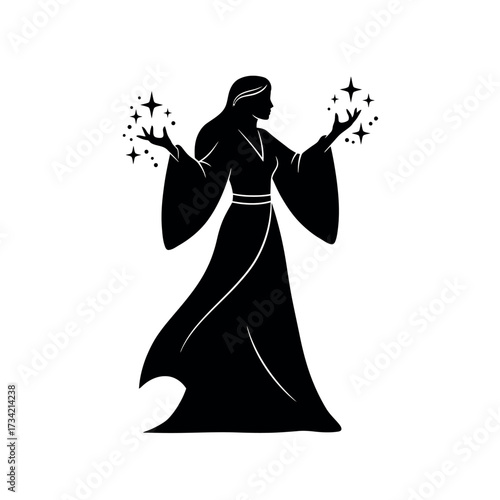 Black silhouette of a sorceress with magic stars.