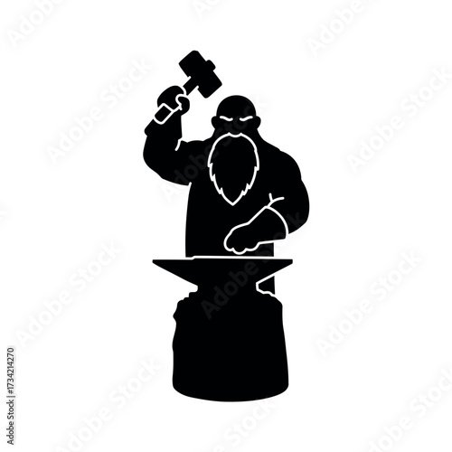 Black silhouette of a strong bearded blacksmith at an anvil.