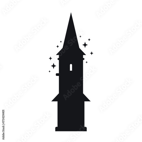 Dark silhouette of a tall tower with a pointed roof and sparkling stars.