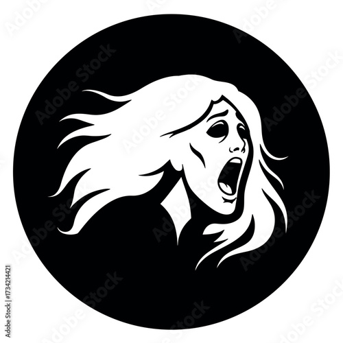 Distressed Woman Screaming in Fear with Flowing Hair Silhouette.