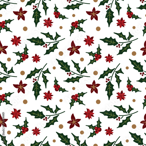 Seamless realistic drawings. Christmas plants, berries on a wallpaper background. For packaging.