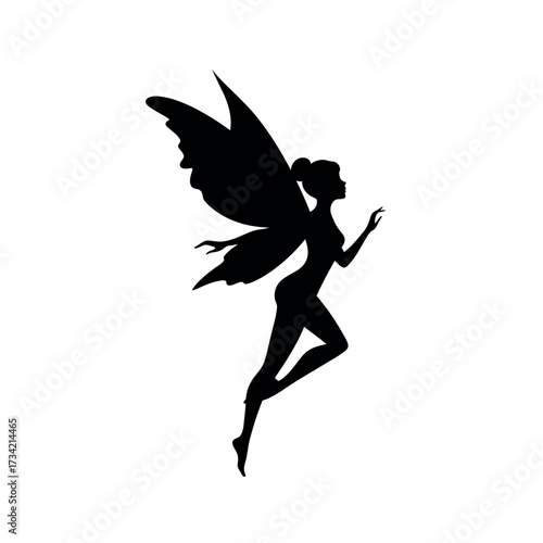 Elegant black silhouette of a flying fairy with delicate wings.