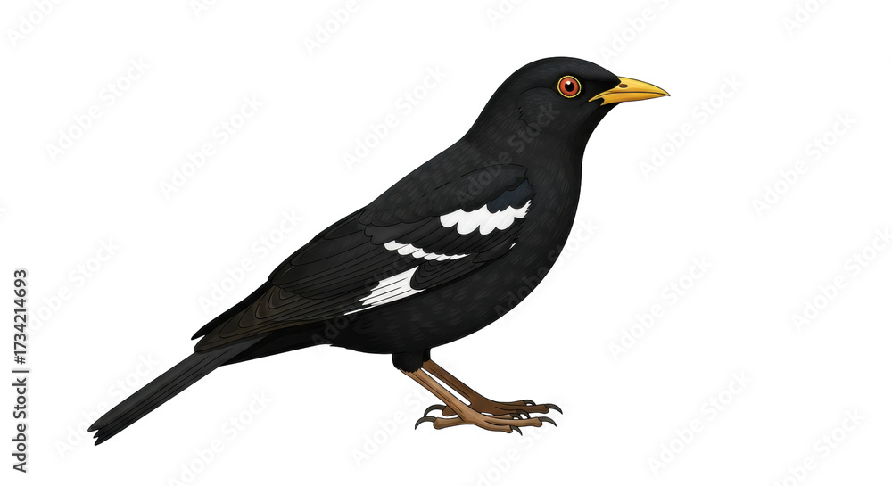 Obraz premium Isolated Great Myna bird, black plumage, yellow beak and brown legs; Asian bird species