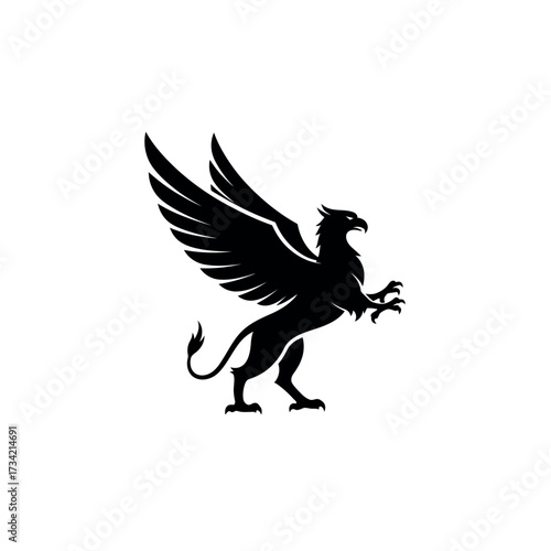 Majestic griffin silhouette soaring with powerful wings and sharp talons ready.