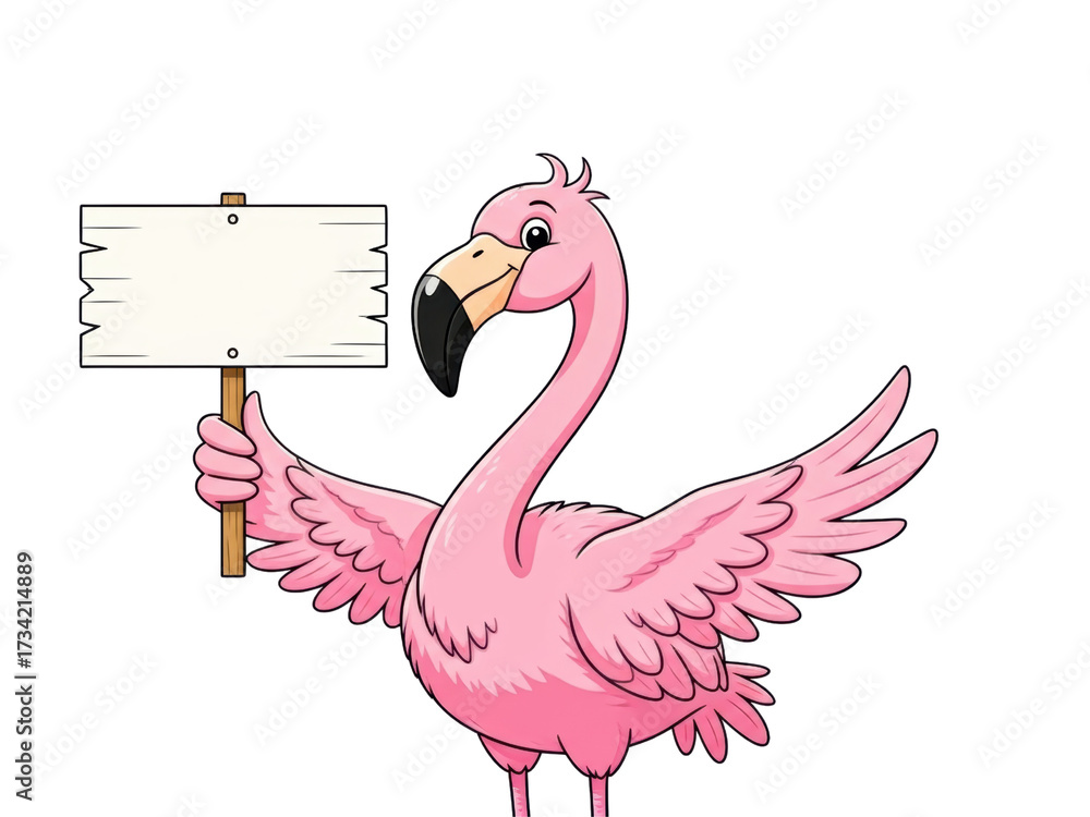 Fototapeta premium Cartoon Pink Flamingo Holding Blank Sign Funny Tropical Bird Illustration Design