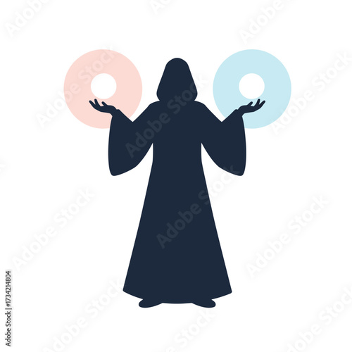 Mysterious figure in dark robe levitating glowing orbs with magical energy.