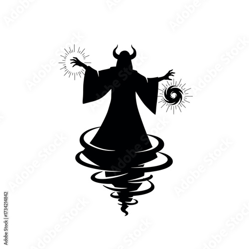 Mysterious sorcerer conjuring dark magic with glowing orbs and swirling vortex.