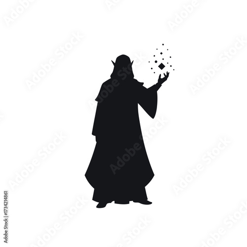 Mysterious wizard silhouette casting magic spell with glowing particles.