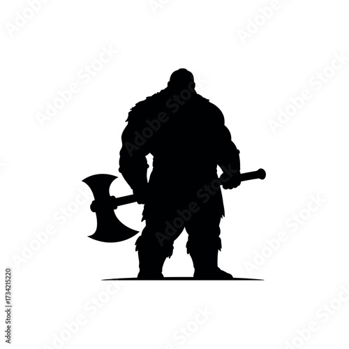 Silhouette of a powerful muscular warrior holding a large battle axe.