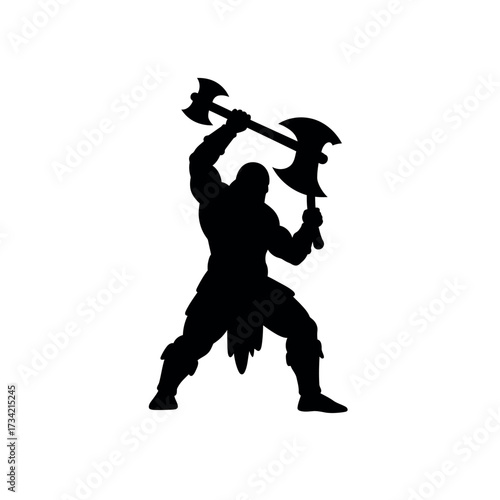 Silhouette of a powerful warrior wielding two axes ready for battle.