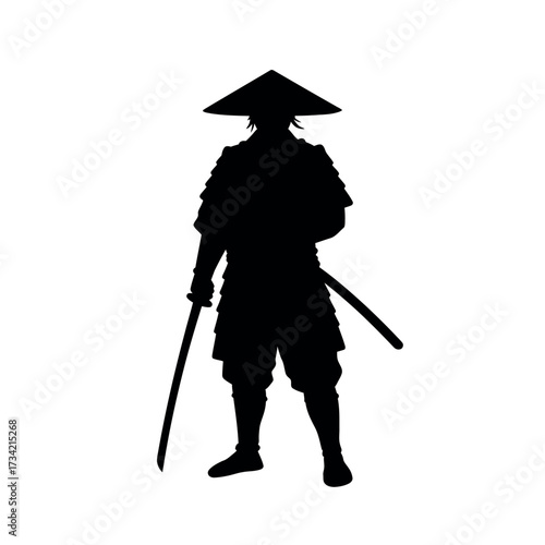 Silhouette of a Samurai Warrior in Traditional Armor and Hat.