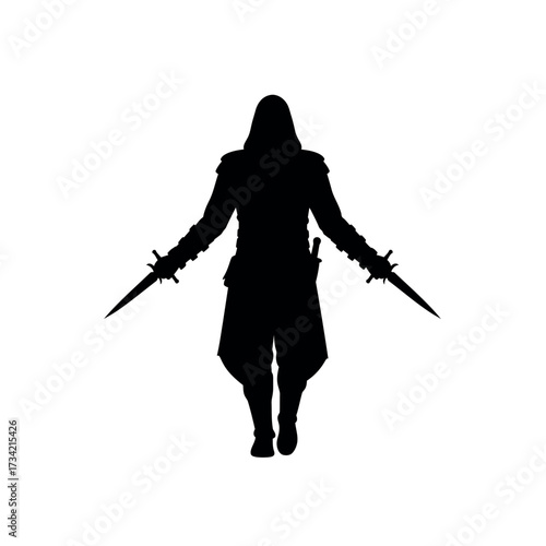 Silhouette of an Assassin with Dual Blades Posing Ready for Action.